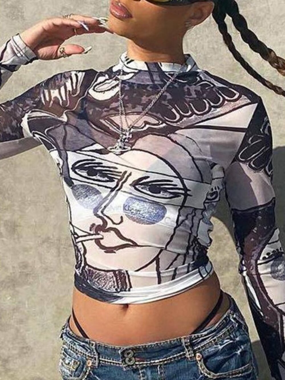 Abstract Print Mock Neck Top
